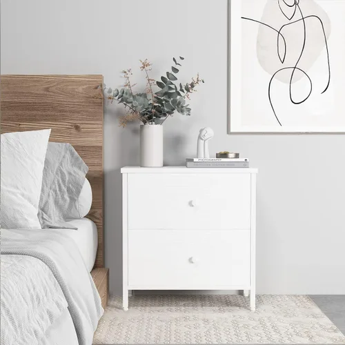 Vista 2 de BOLUO Mesita de noche blanca con 2 cajones para dormitorio, mesita de noche pequeña con cajones de tela, mesita de noche moderna