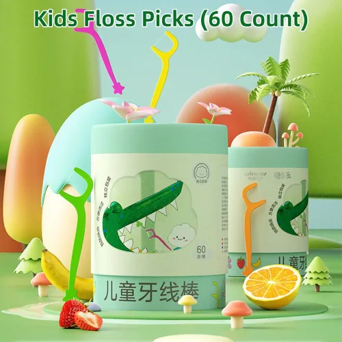 Vista 5 de Hilo dental para niños, múltiples sabores de frutas, palillos de hilo dental para niños de todas las edades, envueltos individualmente (60 unidades)