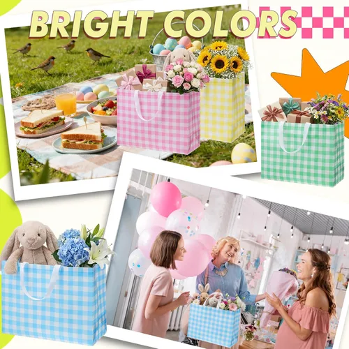 Vista 5 de Colarr 12 piezas bolsas de mano de Pascua extra grandes con asa, bolsa de regalo de primavera, no tejida, a cuadros búfalo, impermeable