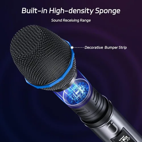 Vista 3 de JAUYXIAN Micrófonos inalámbricos U60, sistema de micrófono dual UHF con receptor recargable, micrófono de karaoke de metal para cantar, boda, DJ