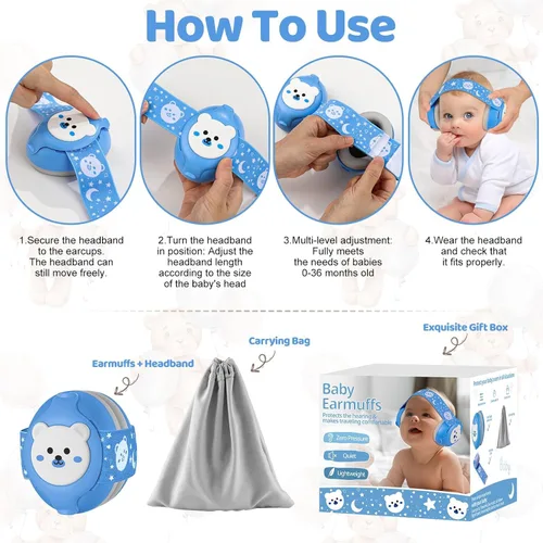 Vista 4 de YomauiYee Orejeras para bebés, protección de oídos para bebés de 0 a 36 meses, auriculares infantiles con diseño de oso pequeño y cancelación de Azul