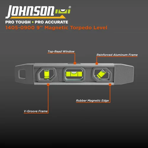 Vista 2 de Johnson Level & Tool 1405-0900 - Nivel de torpedo magnético de aluminio, 9 pulgadas, gris, 1 nivel