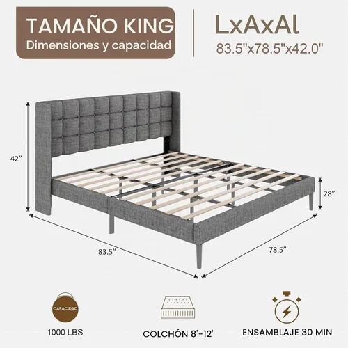 Vista 2 de Base de cama tamaño King con cabecera con respaldo de ala, base de cama tapizada de lino con cabecera capitoné con botones, soporte de listones