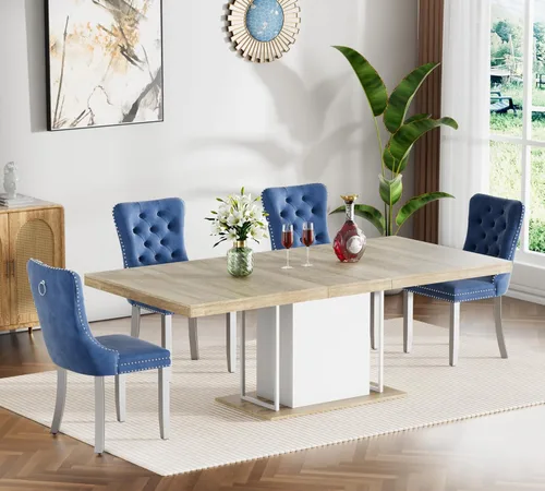 Vista 112 de Juego de mesa de comedor extensible de 5 piezas, juego de mesa de comedor extensible de estilo granja para 4, mesa de cocina expandible de madera