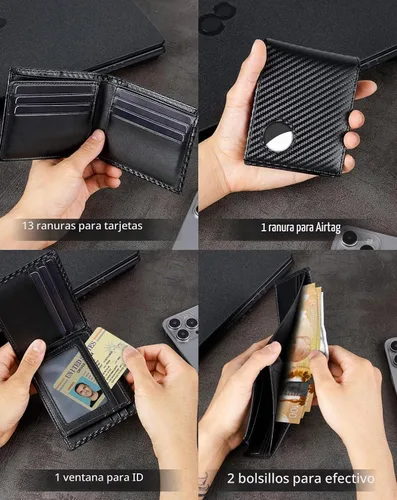 Vista 5 de Swallowmall AirTag Billetera para hombre con bloqueo RFID, de piel auténtica, plegable, para AirTag con 1 ventana de identificación, 13 tarjeteros