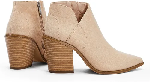 Vista 4 de Botas de tobillo para mujer con corte en V, puntera puntiaguda, tacón grueso, cremallera lateral, botas Chelsea