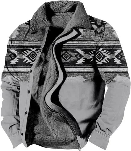 Vista 17 de LOAIHA Chaqueta de invierno para hombre, chaqueta azteca occidental para hombre, con cremallera, forro polar cálido, chaqueta vaquera, étnica vintage