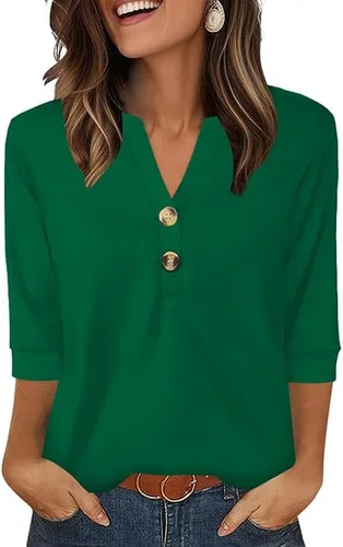 Vista 30 de OFEEFAN - Camisetas de manga 3/4 estilo Henley para mujer, blusas de moda de otoño 2025, atuendos escolares para maestras Raya