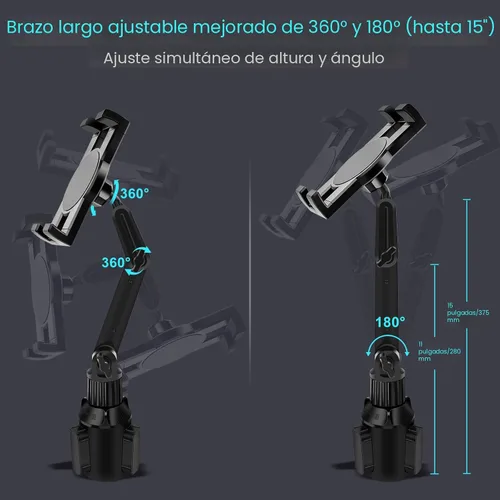 Vista 4 de Soporte para tablet con portavasos para coche, soporte ajustable de 360° de 15" de largo con 2 brazos para iPad Pro 12.9/11/10.5/9.7/Air/Mini 6/5/4