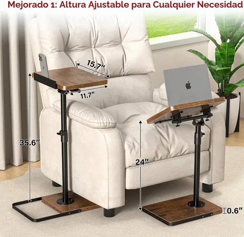 Vista 2 de Mesa de TV para sofá, altura ajustable/giro de 360°/diseño de panel abatible de 180°, mesa auxiliar lateral en forma de C, mesa lateral para brazo
