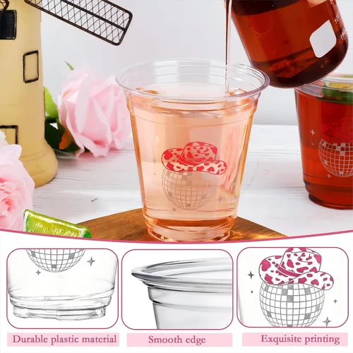 Vista 3 de Sliner 100 tazas de plástico de discoteca vaquera negra y rosa para decoración de despedida de soltera, 12 onzas, vasos desechables de bola
