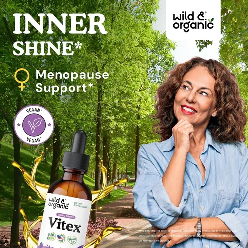 Vista 2 de Wild & Organic Vitex Tintura para la perimenopausia y el apoyo del estado de ánimo, suplemento Vitex Chasteberry para mujeres, suplemento líquido