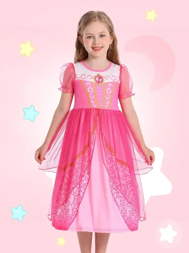 Vista 2 de Ropa de Disfraz de Princesa para Niñas Cumpleaños Fiesta Elegante Disfraz de Halloween Vestidos de Princesa para Niños Pequeños Rosa