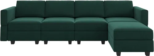 Vista 8 de Belffin - Sofá modular seccional con tumbona reversible de terciopelo, en forma de L, con almacenamiento, convertible de 4 plazas, color verde