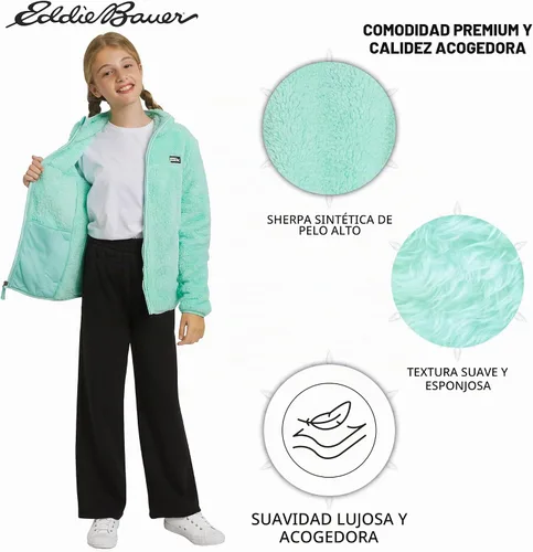 Vista 2 de Eddie Bauer Chaqueta con capucha de sherpa de imitación de pelo alto Quest para niñas Verde azulado