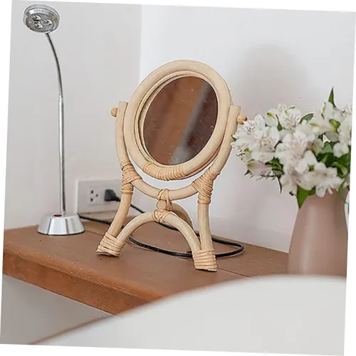 Vista 8 de GANAZONO Rattan Makeup Mirror 3-Legged Round Decorative Mirror Adjustable Rotation for Girls Bedroom for Makeup and Decor