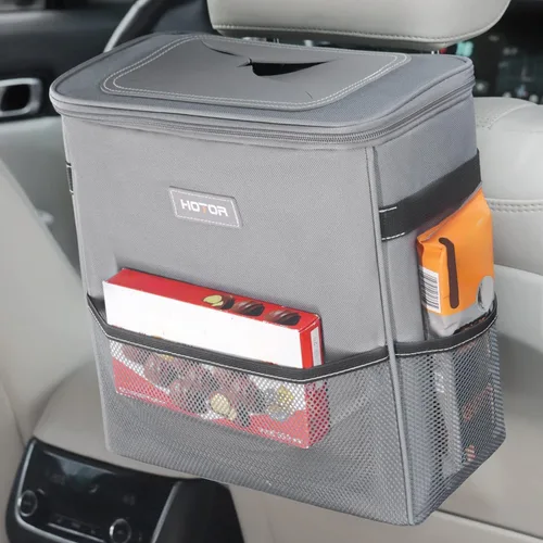 Vista 16 de HOTOR - Organizador de auto con tapa y bolsillos de almacenamiento, 100 % a prueba de fugas, resistente al agua, cubo de basura para autos Negro