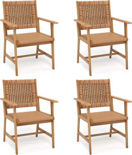 Vista 10 de PHI VILLA Sillas de comedor de madera de acacia para patio con asiento y respaldo de mimbre, 2 piezas