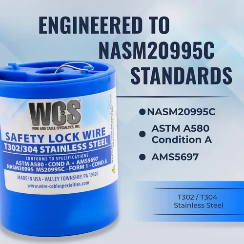 Vista 2 de Alambre de bloqueo, T302/304 de acero inoxidable, NASM20995, MS20995C, ASTM A580 Cond A, AMS5697, 0.020 pulg (0.51 mm), 1 lb (0.45 kg) Lata