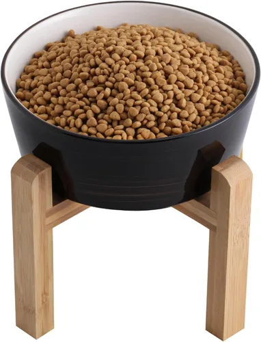 Vista 13 de Cuenco elevado de cerámica negro para perros con soporte de madera para razas pequeñas y medianas, plato de agua pesado, 6 pulgadas antideslizante