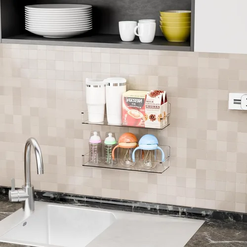 Vista 8 de Yieach Paquete de 4 soportes de pared transparentes para especias con adhesivo, 11.5 pulgadas de largo x 3.6 pulgadas de ancho, organizador