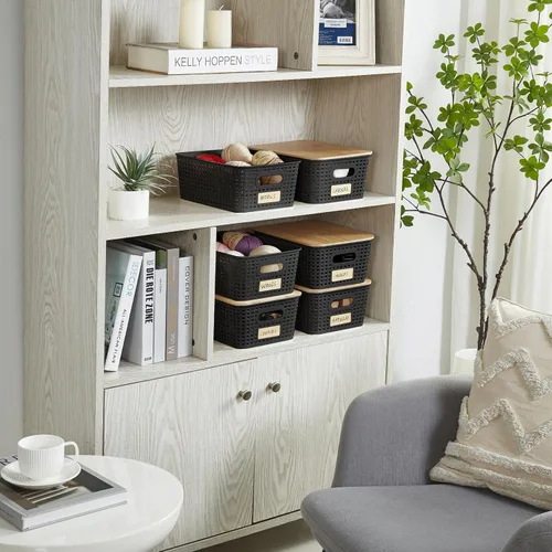 Vista 6 de Bagnizer Contenedores pequeños de plástico con tapas de bambú de 5.2 cuartos de galón, cesta apilable para despensa, contenedores decorativos lindos
