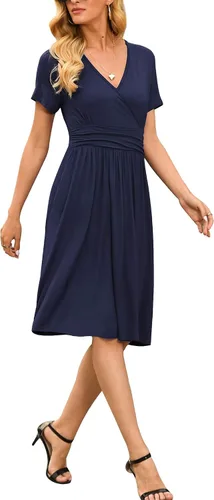 Vista 2 de Vestido de verano floral para mujer, cuello en V, bohemio, con volantes, manga con volantes, vestido de lunares suizos, con cinturón, acampanado
