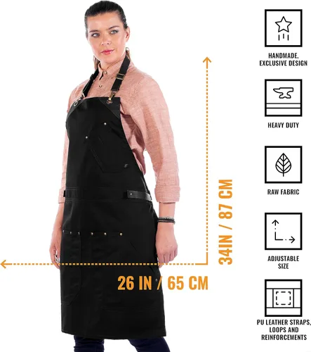 Vista 5 de Under NY Sky Delantal de barista, correas de cuero negro y refuerzo, bolsillos remachados, doble costura, lazo de anillo de cuero, sarga negra