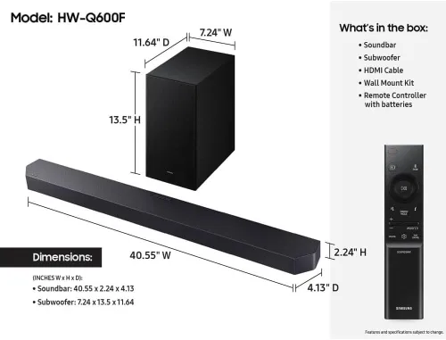 Vista 3 de Samsung HWQ600F 3.1.2 canales, barra de sonido serie Q con subwoofer inalámbrico