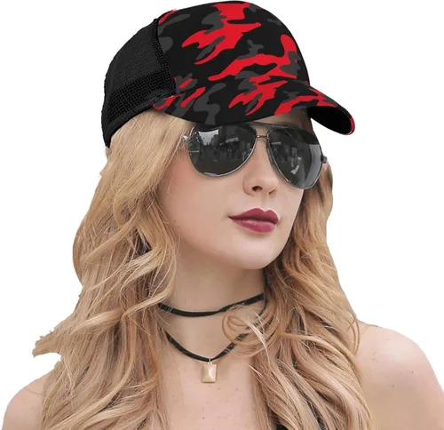 Vista 6 de Gorra de béisbol de malla para hombre, diseño de camuflaje, color rojo y camuflaje, Negro