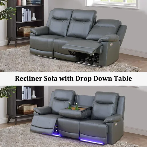 Vista 4 de Juego de sofá reclinable de 3 piezas, muebles de sala de estar, tapicería de cuero de aire, puertos de carga USB 2.0, tiras de luz LED, mesa