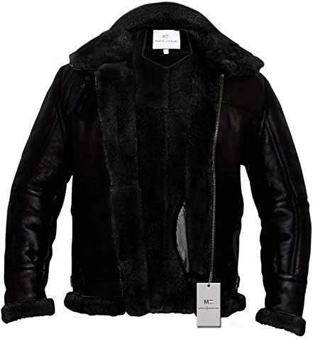 Vista 3 de Chaqueta bombardera B3 para hombre, aviador de oveja real, B3, bombardero de oveja, color negro, Negro