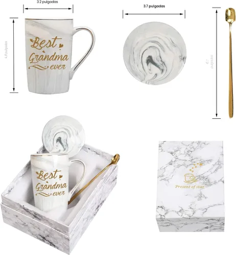 Vista 6 de Taza "Best Grandma Ever" Regalos de Café Cumpleaños Día de las Madres para de Nieta Nieto Nietos Nietos 14 Onzas Caja de Regalo con Cuchara y Tapete