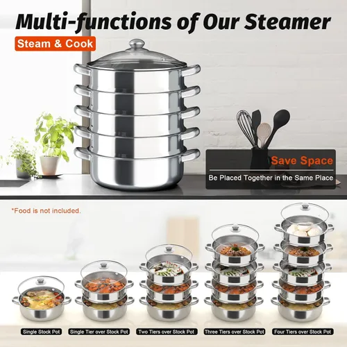 Vista 3 de Vaporizador de acero inoxidable de 5 niveles para cocinar, cajón de vapor multiusos con tapa transparente, utensilios de cocina portátiles, sartenes