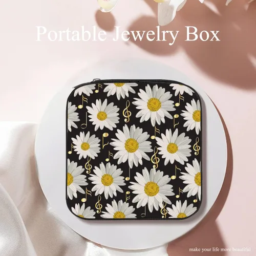 Vista 2 de IMPCOKRU Estuche de viaje portátil para joyas, notas musicales doradas y margaritas, ligero, organizador de joyas para mujeres y niñas.