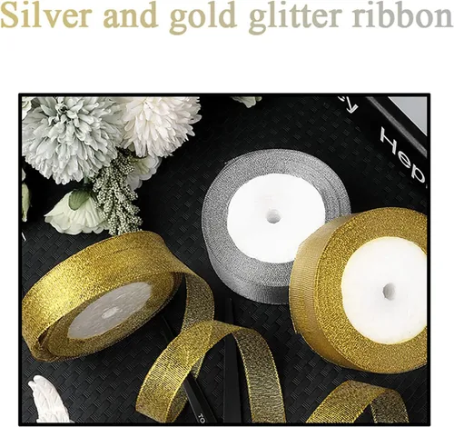 Vista 5 de YASEO Cinta de purpurina dorada de 1 1/2 pulgadas, 25 yardas de cinta de tela metálica brillante para envolver regalos, decoración de fiestas