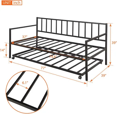 Vista 2 de Daybed with a Trundle Twin, Steel Bed Frame Twin with Headboard Footboard Metal Slats No Box Spring Needed Heavy Duty Space Saving Design-Black for