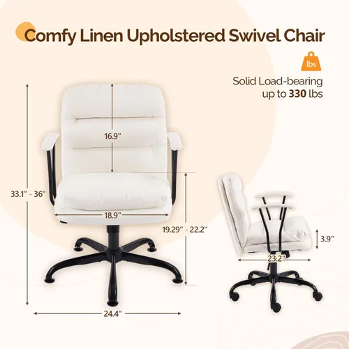 Vista 2 de VINGLI Silla de escritorio acolchada blanca con/sin ruedas, base doble, reposabrazos removibles, silla giratoria ajustable y cómoda para Blanco