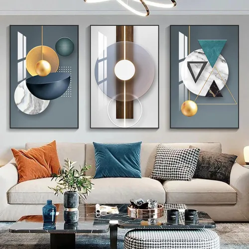 Vista 2 de ARTKN Canvas Wall Art 3 Pieces,Abstract Geometry Framed Art Shape Pattern Paintings,Modern Wall Decor Artworks for Living Room Bedroom Office