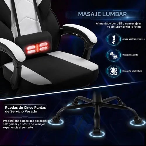 Vista 6 de Silla de juegos para adultos con reposapiés y soporte lumbar de masaje, silla ergonómica de respaldo alto, sillas giratorias ajustables
