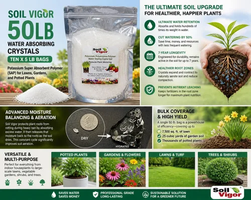Vista 6 de Soil Vigor - Cristales absorbentes de agua de 50 libras, polímero superabsorbente de potasio (SAP) para césped, jardines y plantas en maceta