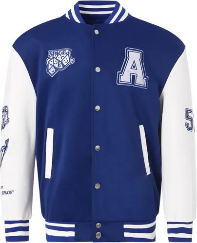 Vista 3 de Mxiqqpltky Chaqueta universitaria vintage para hombre, estilo casual, con estampado de letras, chaqueta de béisbol de retazos, ropa de calle