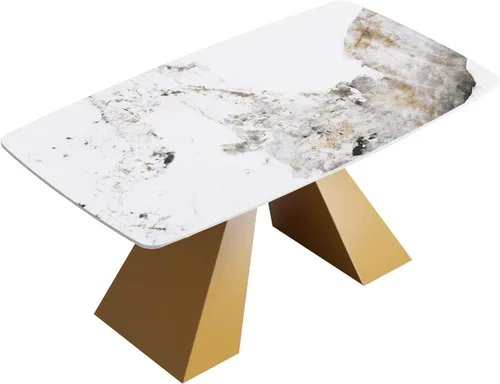 Vista 6 de Mesa de comedor moderna de 63 pulgadas, mesa de cocina rectangular con parte superior de piedra de mármol artificial y base de metal dorado, mesa