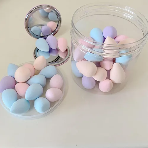 Vista 4 de 50 mini esponjas de maquillaje pequeñas y soplete de polvo con espejo de maquillaje, licuadora de belleza multicolor, esponja de maquillaje