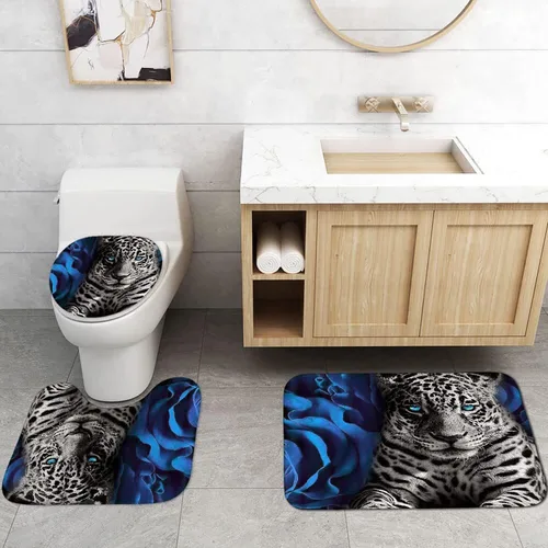 Vista 2 de Juego de 4 cortinas de ducha con diseño de rosa azul y leopardo con alfombras, tapa de inodoro y tapete de baño, cortina de ducha azul con 12