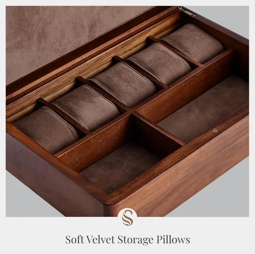 Vista 5 de Shanik Caja de reloj grande de madera para hombre, almacenamiento personalizado con 5 ranuras para relojes, caja organizadora para cosas personales