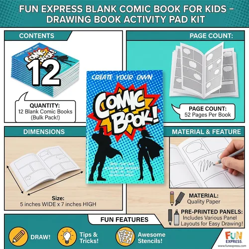 Vista 6 de Fun Express Libro de cómics en blanco para niños, 12 libros, bloc de actividades de libro de dibujo con paneles y plantillas preimpresas, kit
