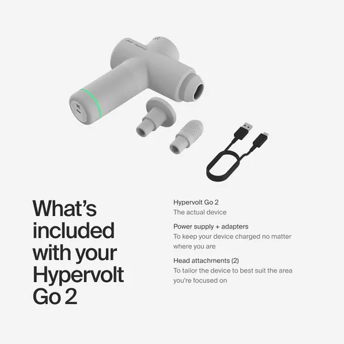 Vista 6 de Hyperice Hypervolt Go 2 - Gris Ártico - Con tecnología Quiet Glide - Pistola de masaje de percusión de mano - 3 velocidades, 2 cabezales
