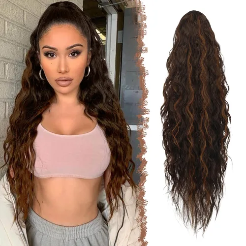 Vista 20 de FESHFEN Extensiones de cola de caballo – 26 pulgadas cordón largo rizado ondulado clip en colas de caballo pelo sintético extensiones de cola