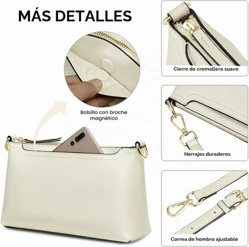 Vista 6 de Kattee Bolso cruzado de cuero genuino para mujer, bolso pequeño Beige